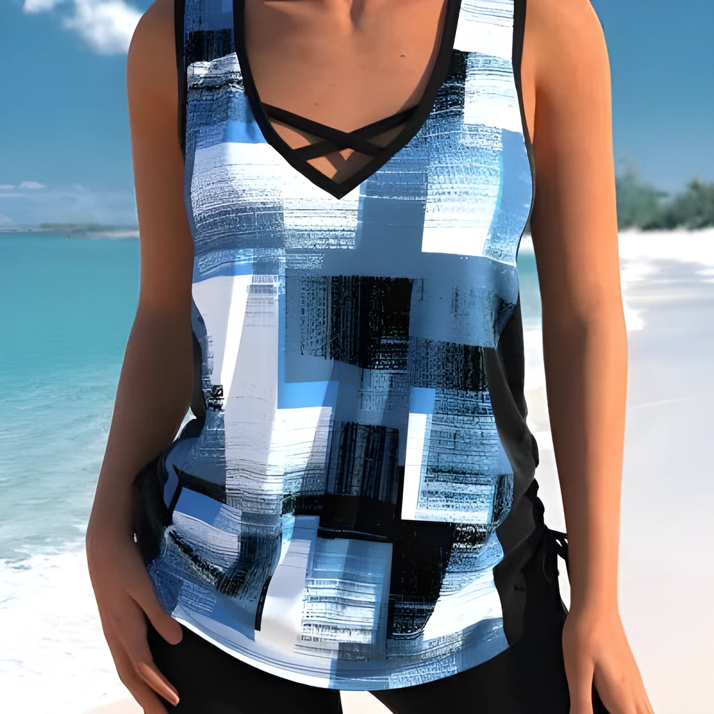 Women's printed swimsuit set with tankini top and boxer shorts in four colour options