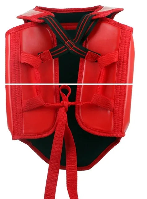 Red boxing helmet and chest protector set for training and competition
