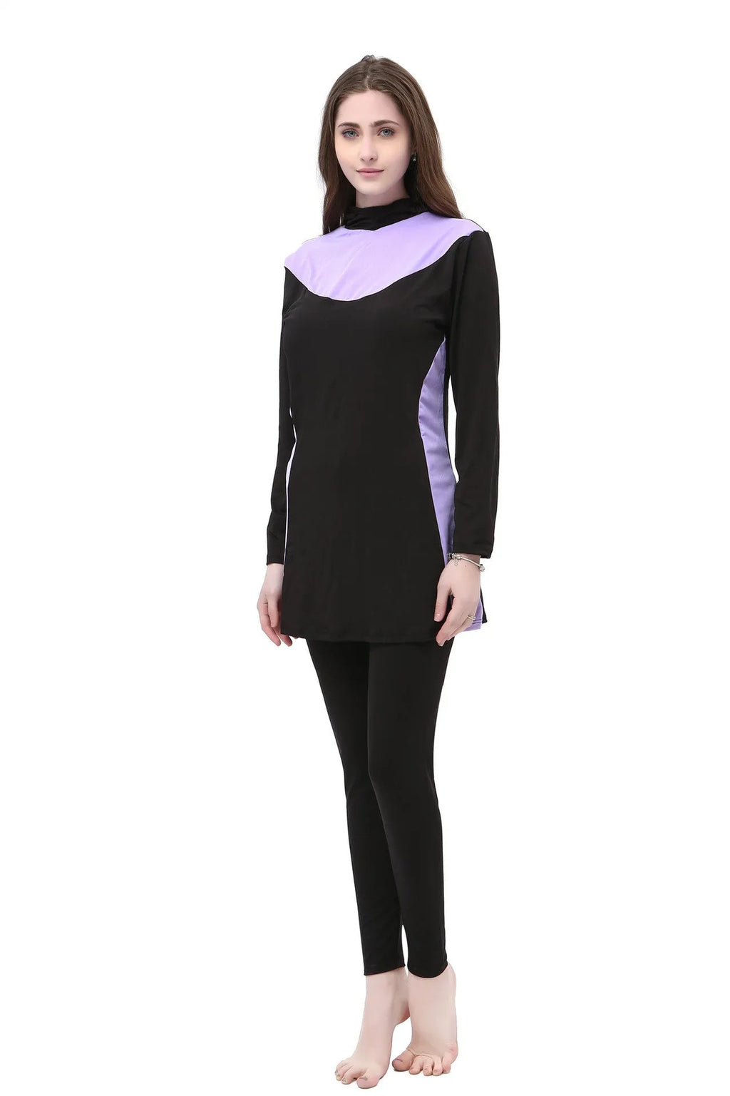 Conservative women's hooded long sleeve swimsuit in black with colour trim.