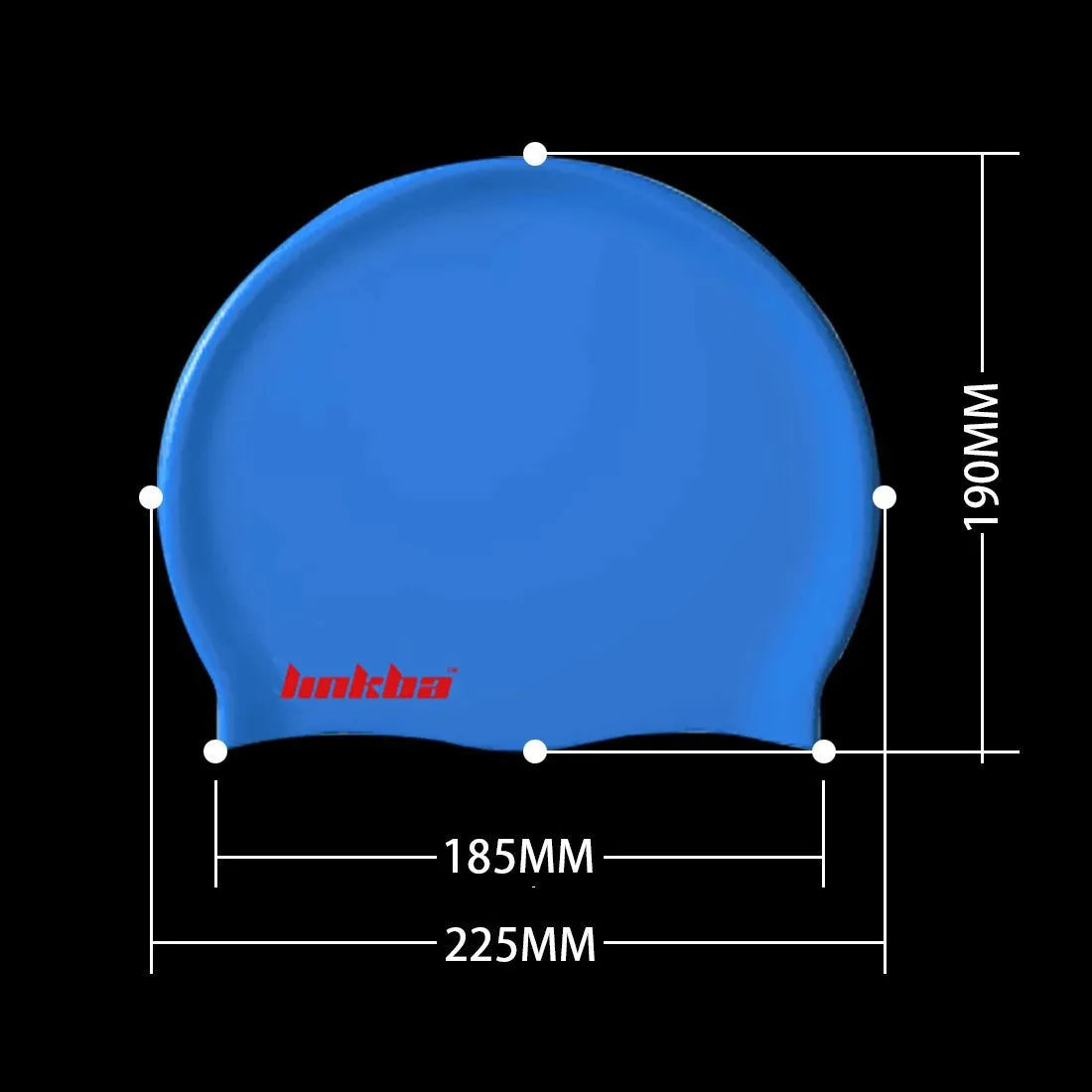 Silicone swimming cap with integrated waterproof earmuffs in multiple colours featuring a printed letter pattern.