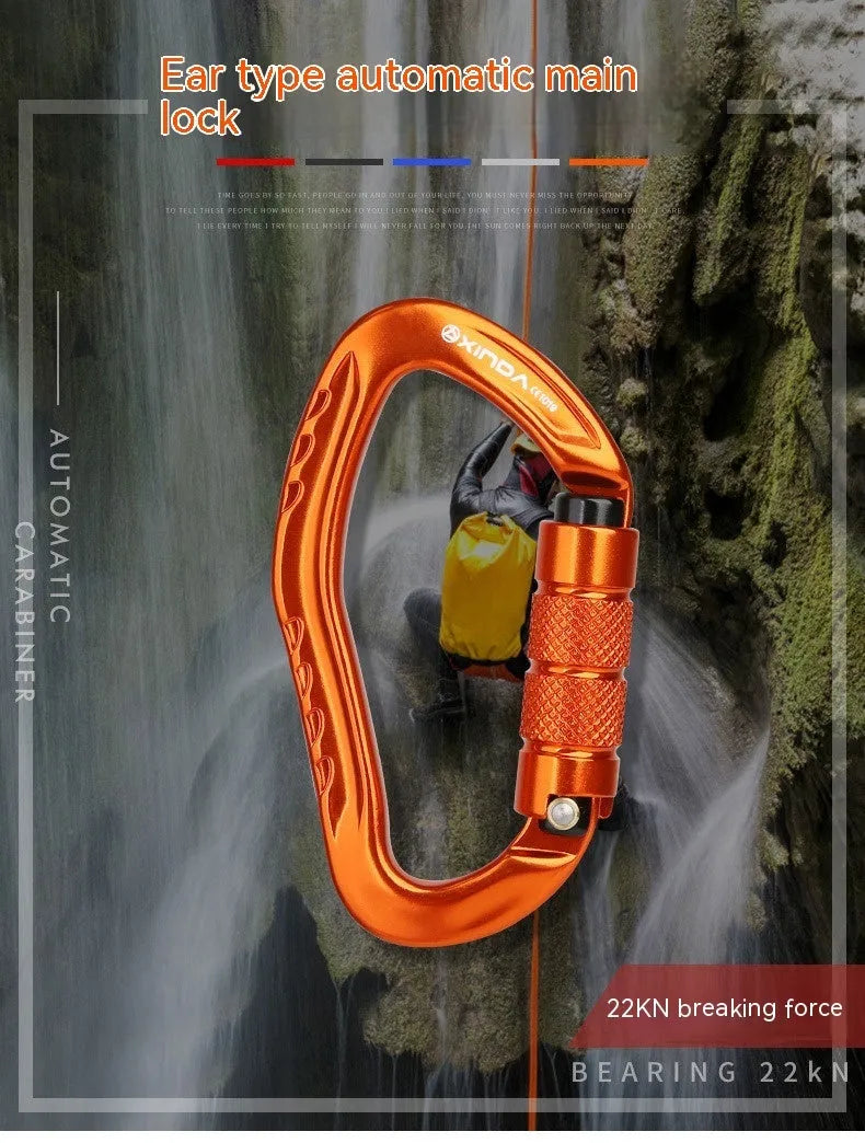 Automatic master lock climbing carabiner in black, blue, orange, red, and silver colours.