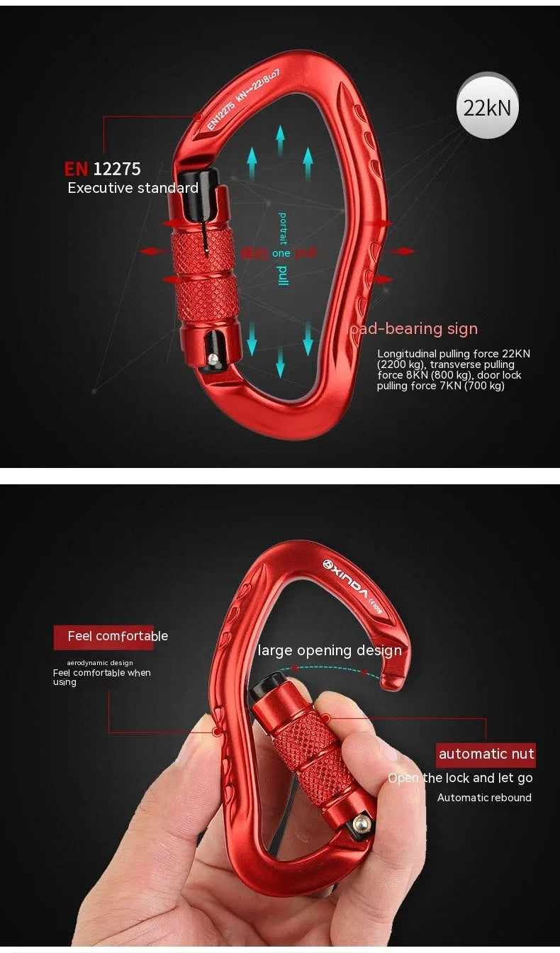 Automatic master lock climbing carabiner in black, blue, orange, red, and silver colours.
