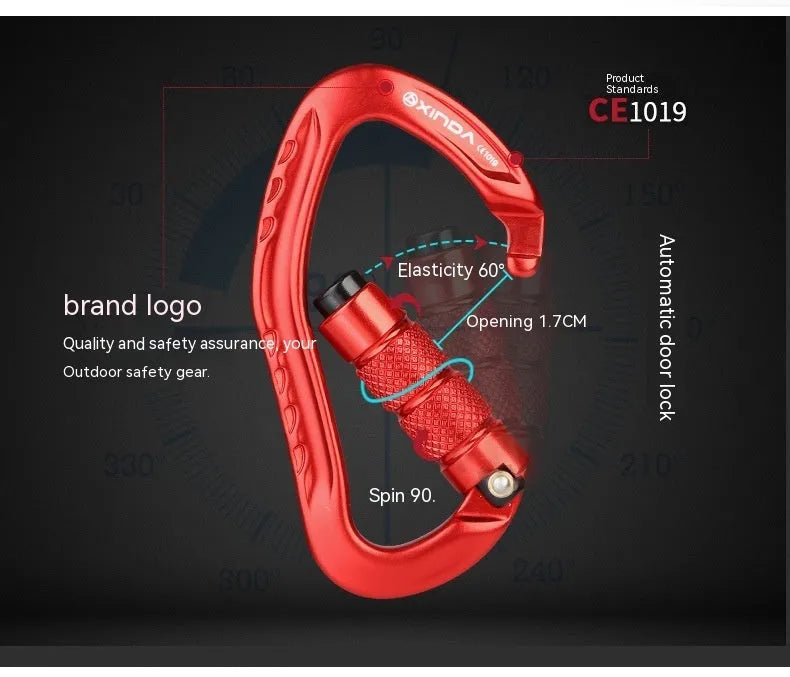 Automatic master lock climbing carabiner in black, blue, orange, red, and silver colours.