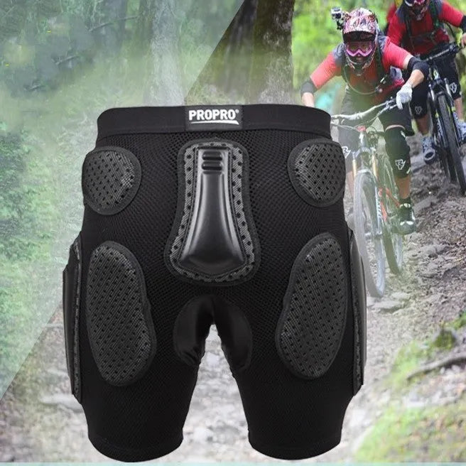 Black cycling hip pad protective pants shown in available sizes S, M, L, and XL