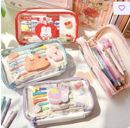 Japanese transparent heart-shaped pen bag with rabbit designs in TPU material