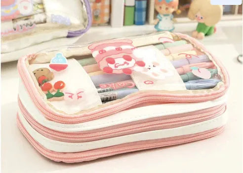 Japanese transparent heart-shaped pen bag with rabbit designs in TPU material