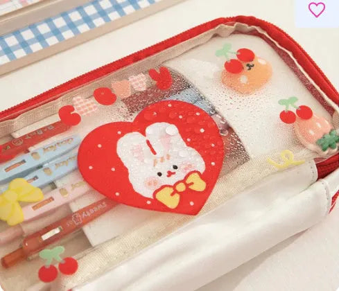 Japanese transparent heart-shaped pen bag with rabbit designs in TPU material