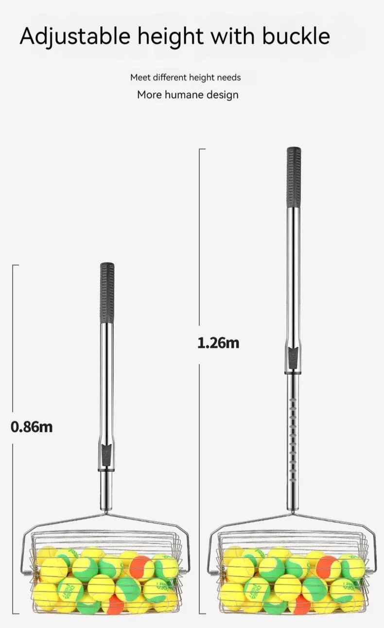 Stainless steel roller tennis ball picker with handle on a court