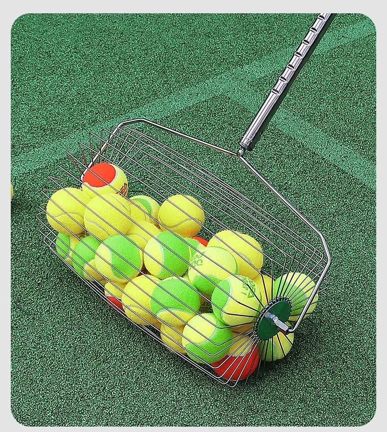 Stainless steel roller tennis ball picker with handle on a court