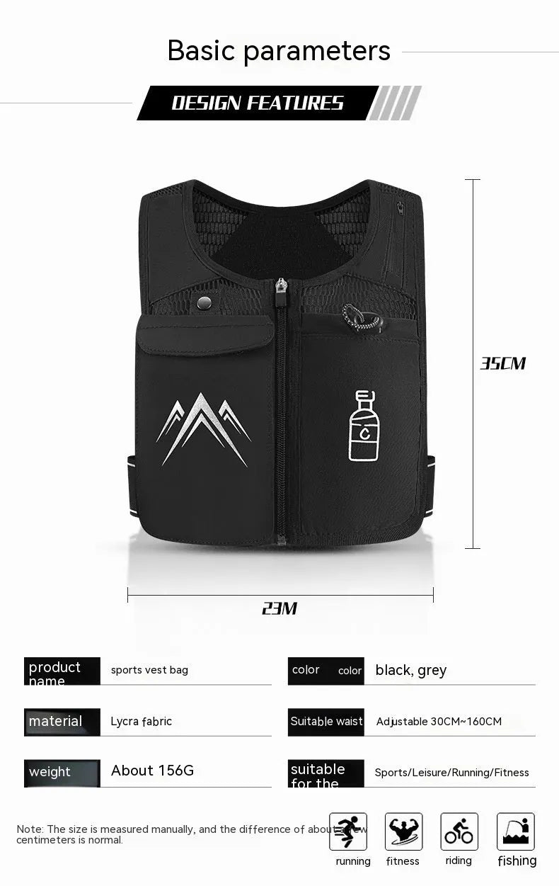 Black breathable mesh sports running vest with a front mobile phone pocket.