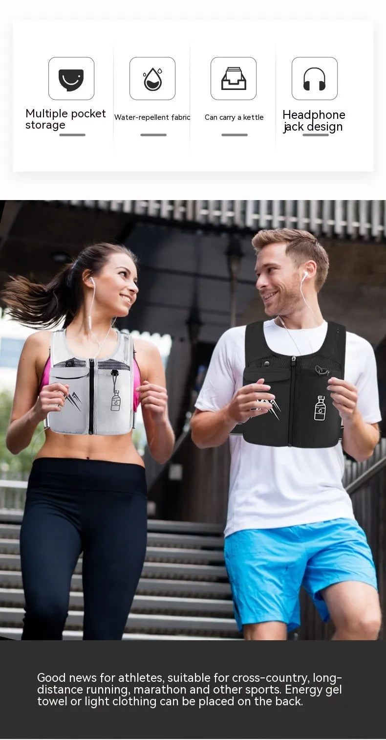 Black breathable mesh sports running vest with a front mobile phone pocket.
