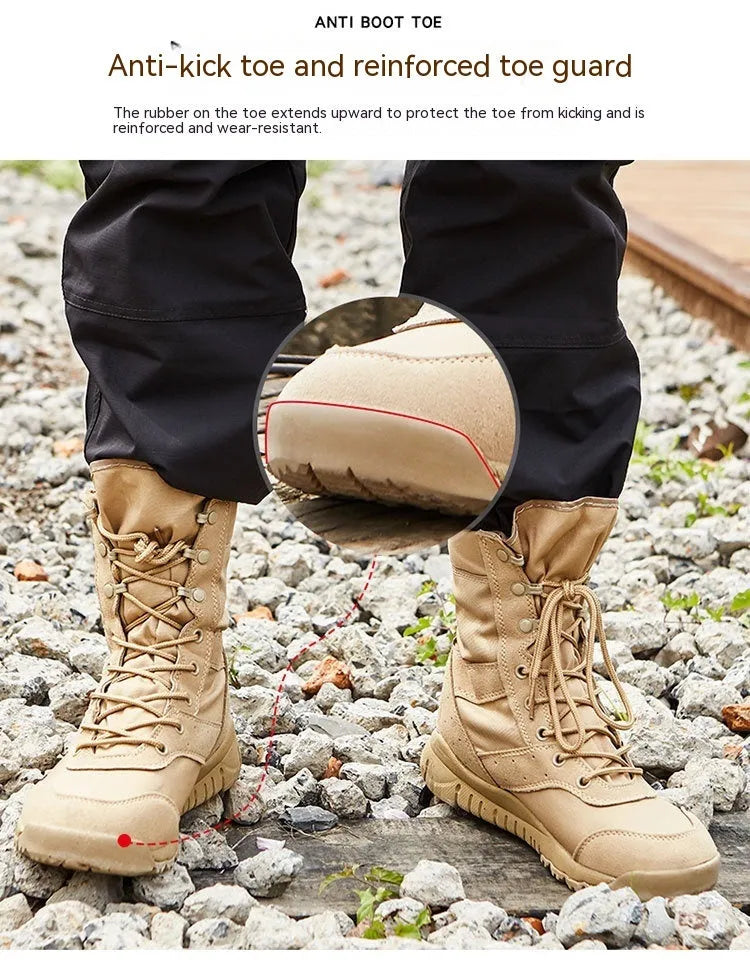 Yulong combat tactical desert boots in black and sand colour on a rocky outdoor background.