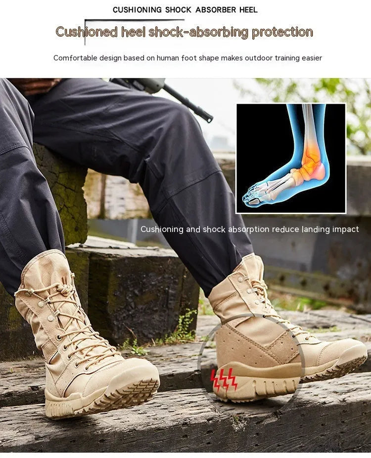 Yulong combat tactical desert boots in black and sand colour on a rocky outdoor background.