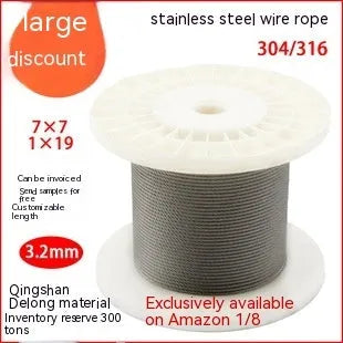 Coiled 304 stainless steel multi-strand security wire rope on a white background.