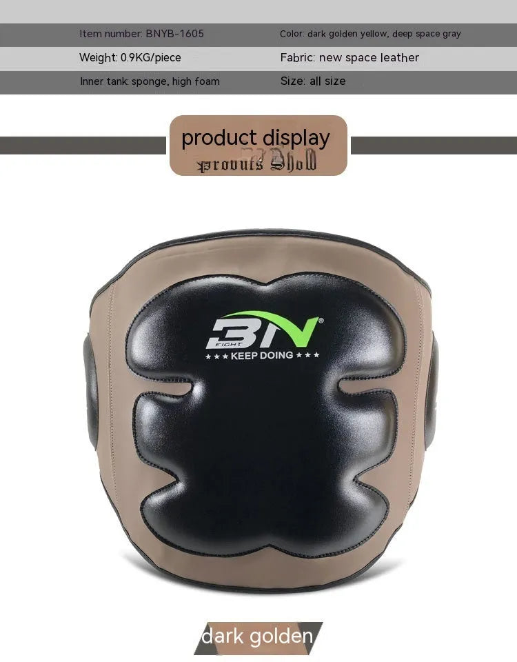 Dark grey Sanda boxing chest protection target showing thickened foam waist guard for martial arts training.