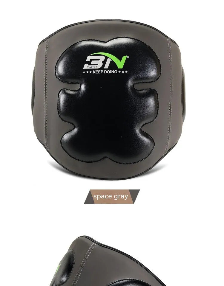 Dark grey Sanda boxing chest protection target showing thickened foam waist guard for martial arts training.