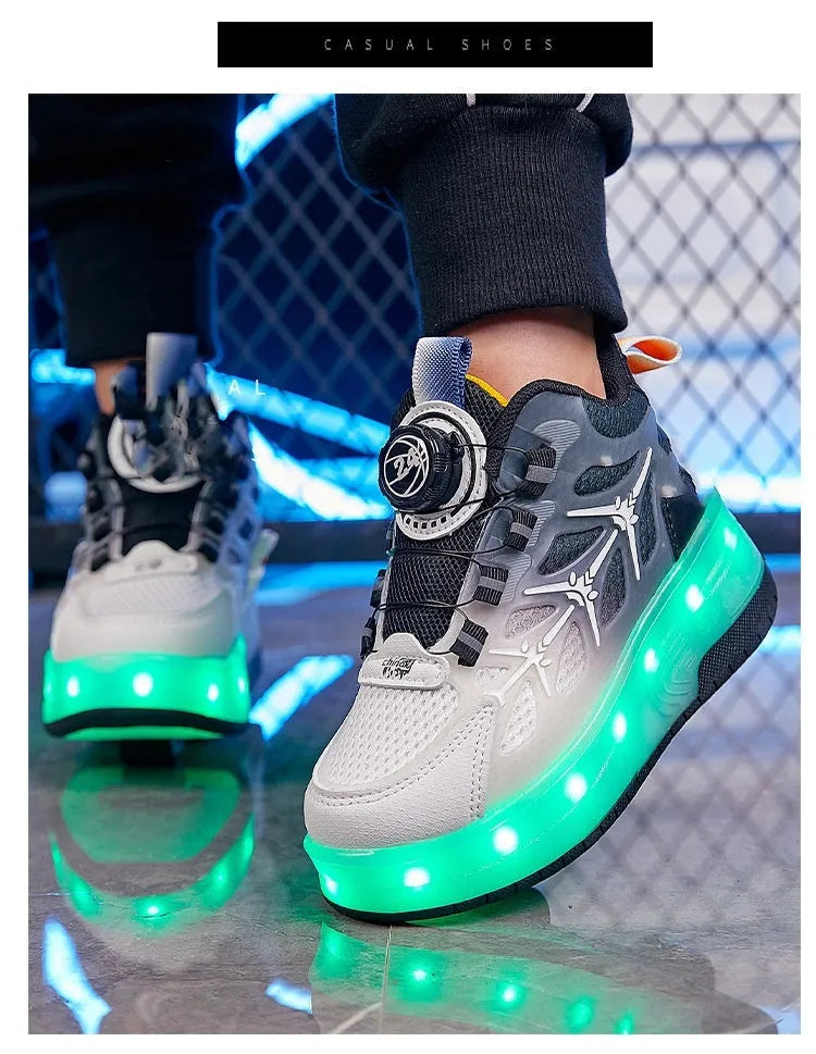 Children's flash knob roller skating shoes with rotating button in blue, black, or pink colours