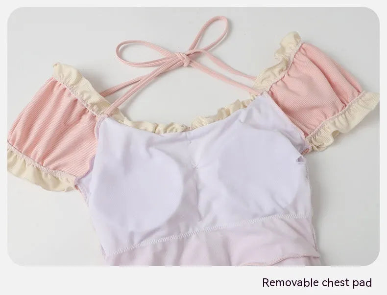 Pink conservative one-piece swimsuit for women in nylon fabric