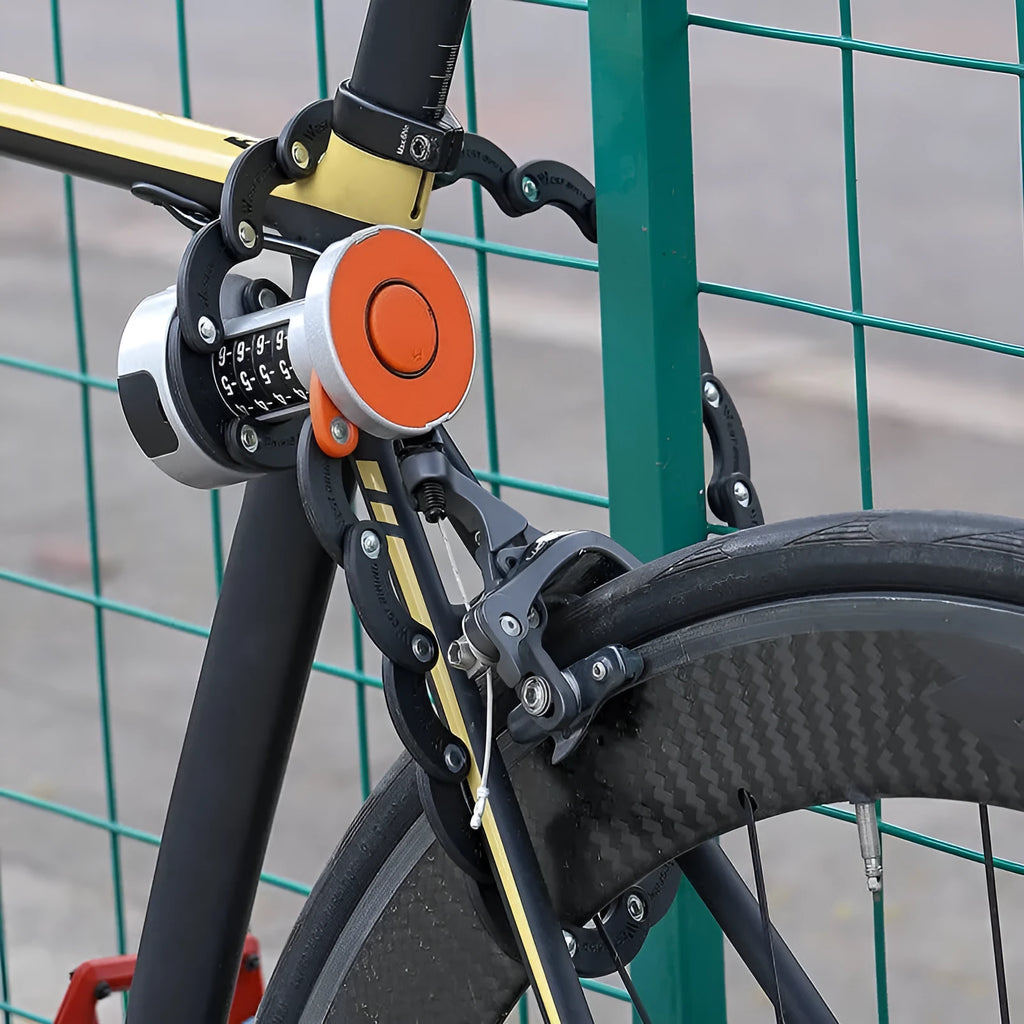 Portable bicycle folding lock showing folded and extended positions in black colour option
