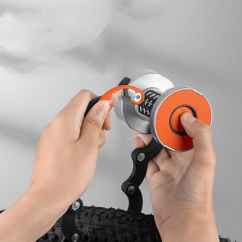 Portable bicycle folding lock showing folded and extended positions in black colour option