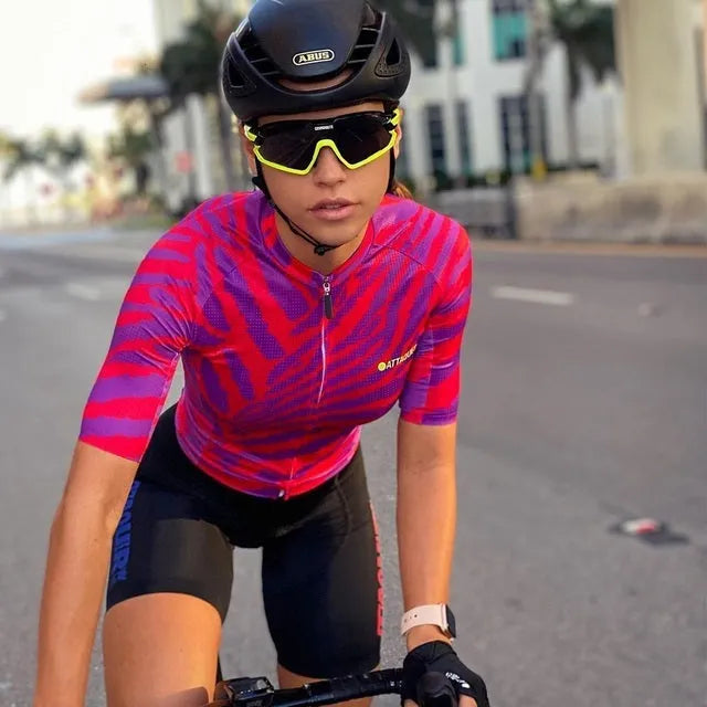 Attaquer women's kaleidoscope pattern cycling jersey and bib shorts set in TEAM style design