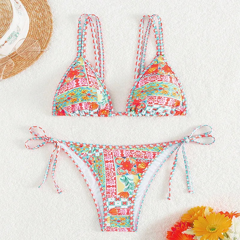 Women's lace-up backless swimsuit bikini set in picture colour