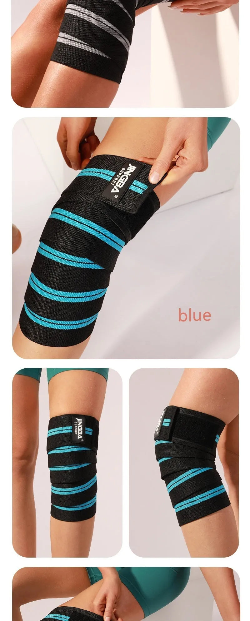 Adjustable sports knee pads in blue, grey, red, and yellow colours for weightlifting and cycling.