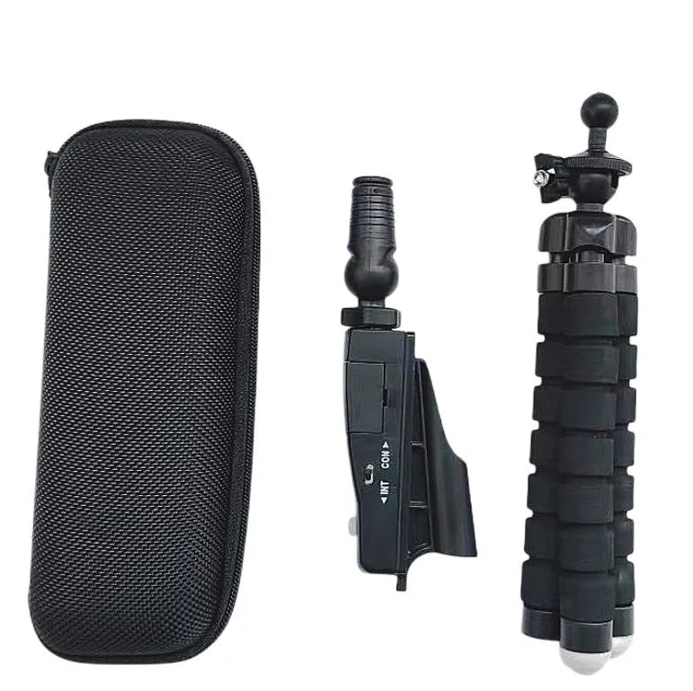 Golf putter laser aiming instrument showing four style configurations with laser sight, zipper box, and tripod accessories