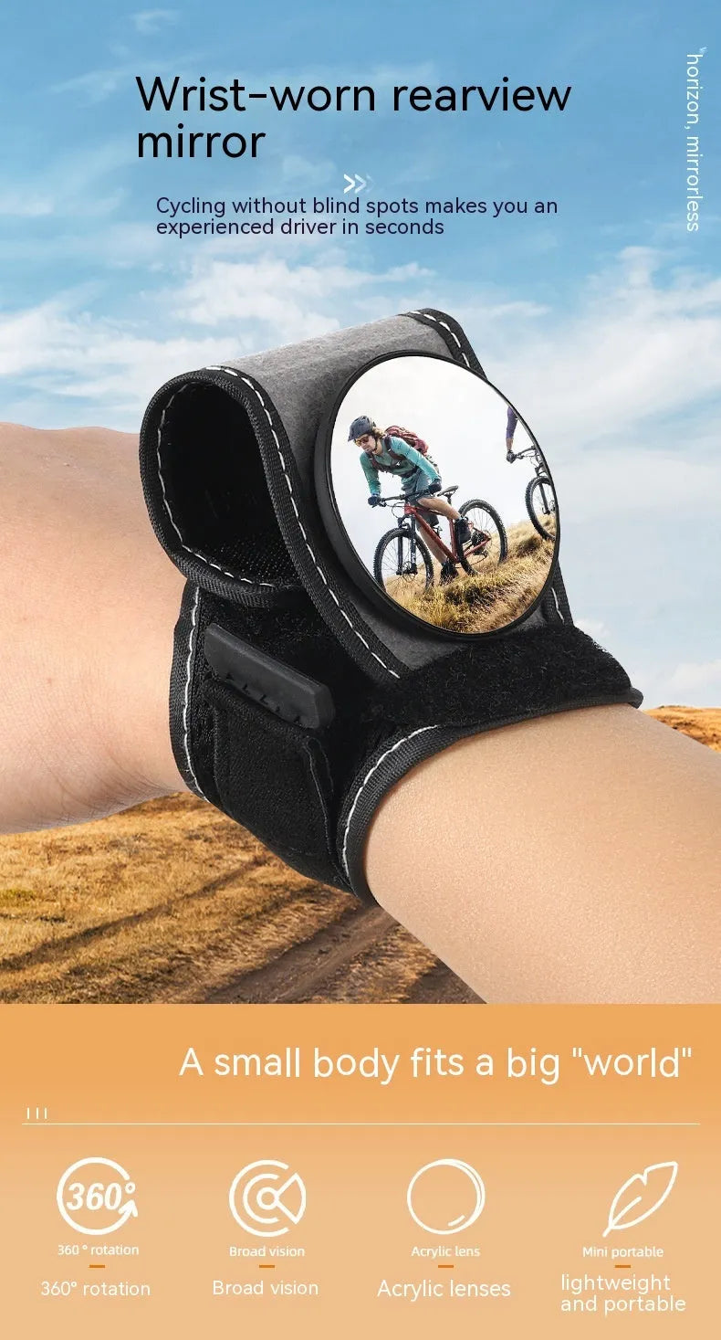 Black nylon wrist-mounted bicycle rear-view mirror with adjustable angle and secure strap for handlebar installation