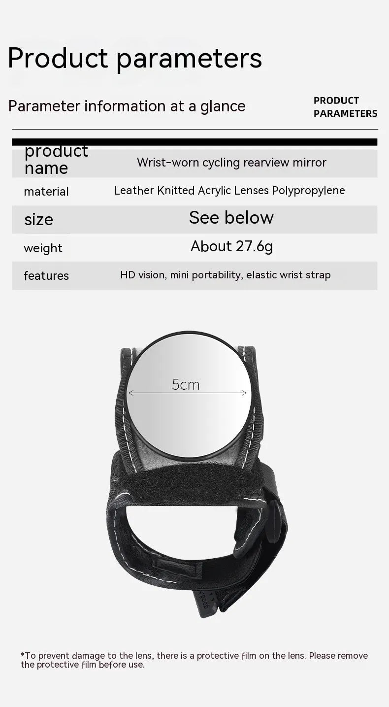 Black nylon wrist-mounted bicycle rear-view mirror with adjustable angle and secure strap for handlebar installation