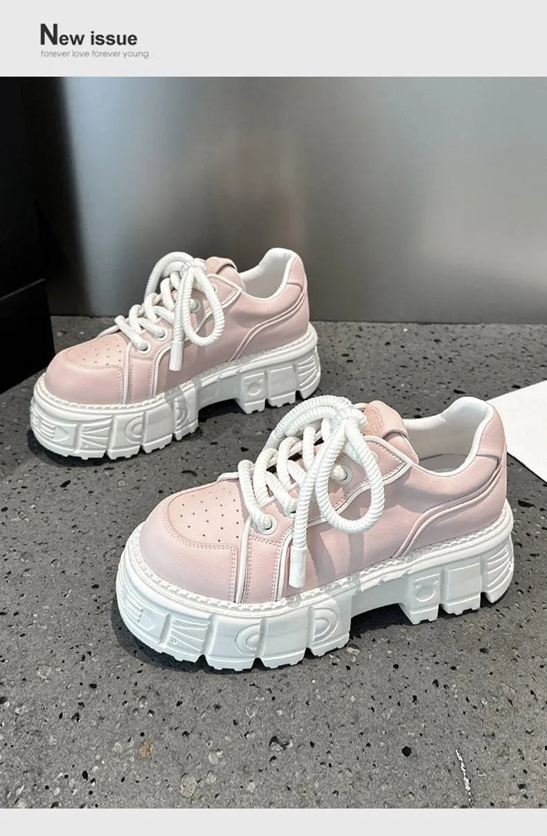 Women's beige and pink casual leather shoes with a rubber foam sole on a white background