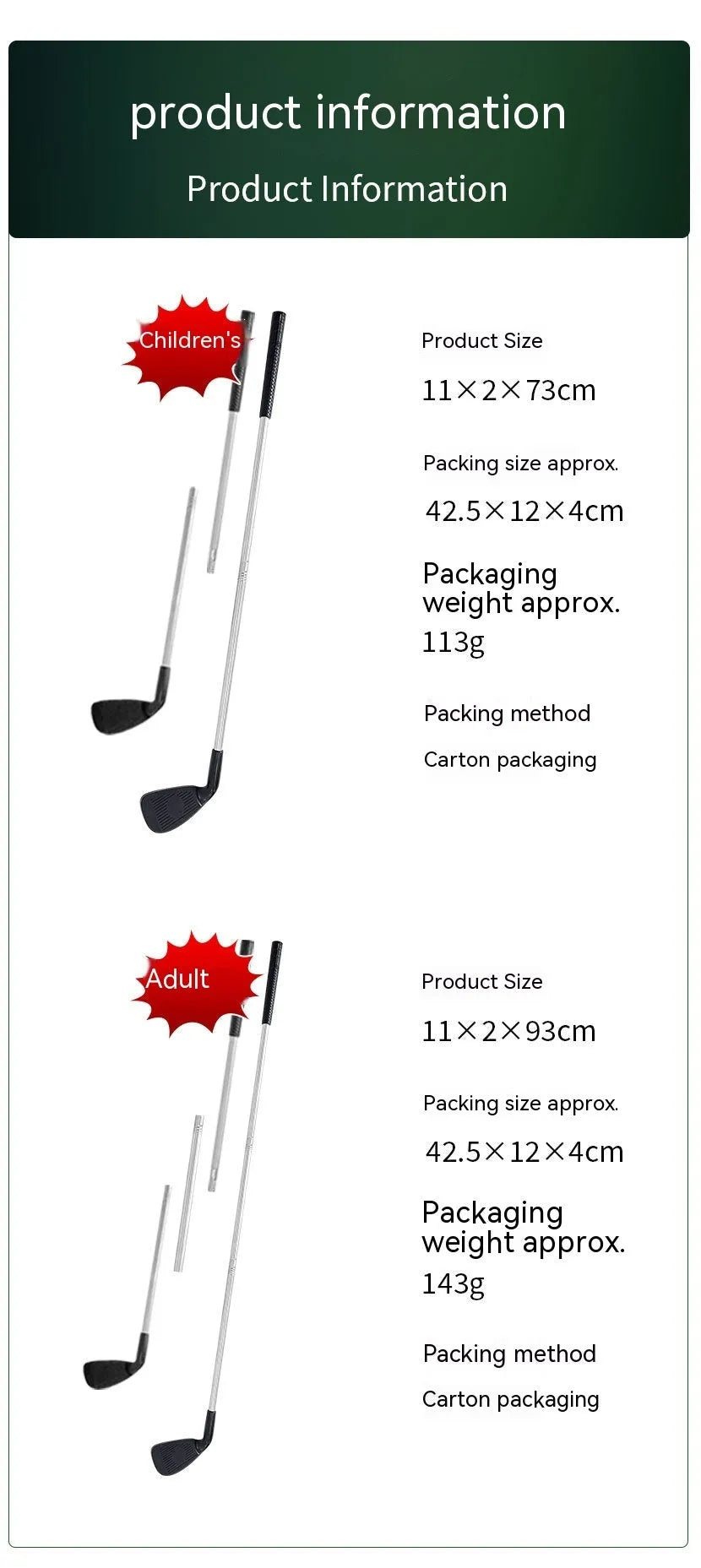 Metal golf club set showing adult and children's sizes for outdoor sports