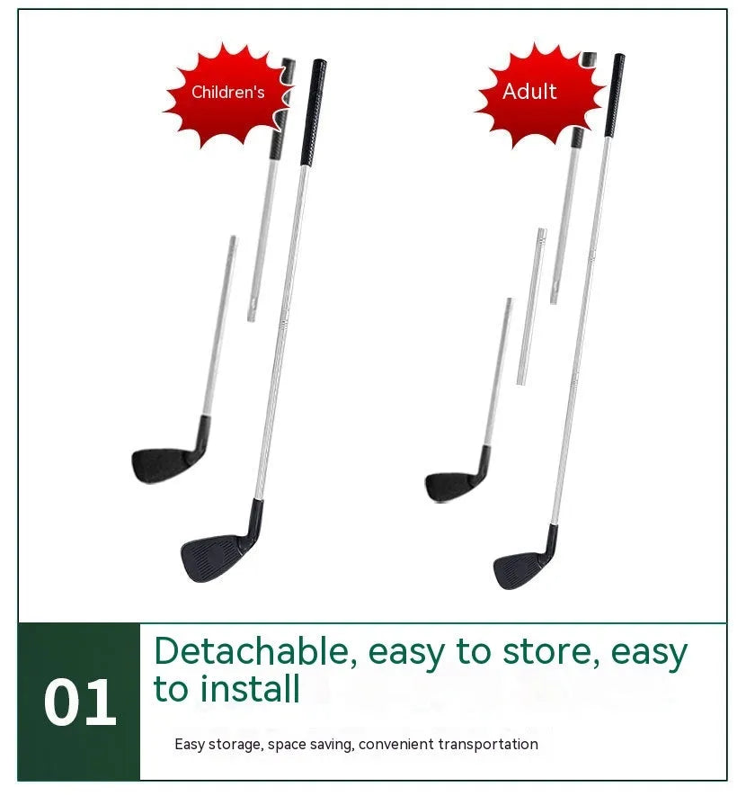 Metal golf club set showing adult and children's sizes for outdoor sports