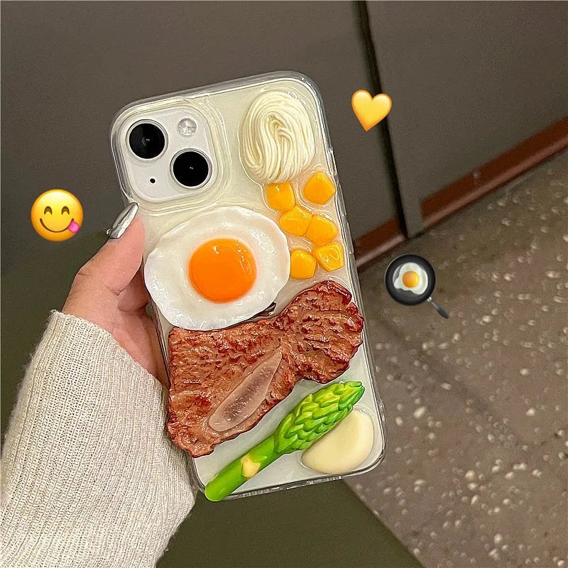 Creative three-dimensional steak omelette epoxy phone case for iPhone, anti-fall protective cover
