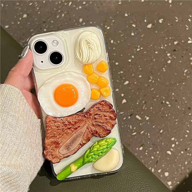 Creative three-dimensional steak omelette epoxy phone case for iPhone, anti-fall protective cover