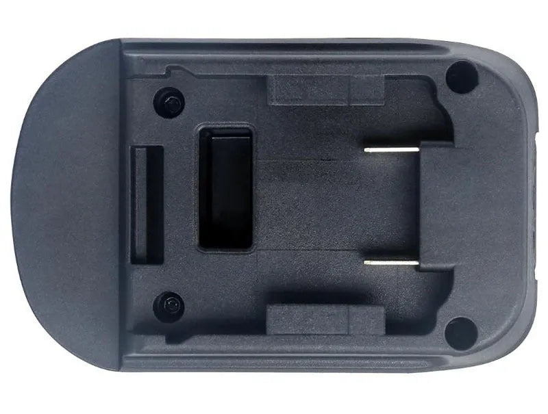 Black battery adapter connecting Milwaukee DM18M tools to Makita H99F batteries