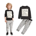 Boys cotton two-piece clothing set with long sleeve t-shirt and pants featuring printed letter pattern
