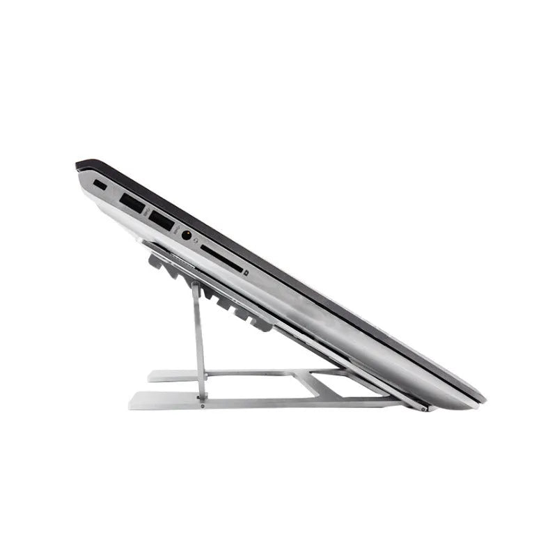 Silver aluminium foldable laptop stand with double silicone snaps, measuring 240x230x18mm, on a desk
