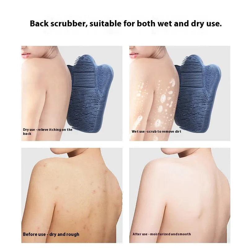 Blue silicone bath massage mat with long handle for back scrubbing.