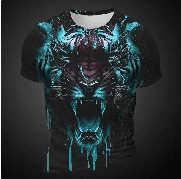 Men's grey T-shirt featuring a detailed 3D tiger head print on the chest, short sleeves.