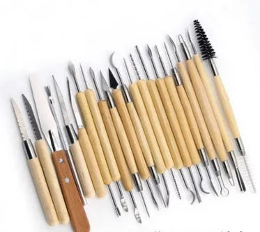 Brown 27-piece pottery tool set with stainless steel, wood, and plastic tools for clay sculpting