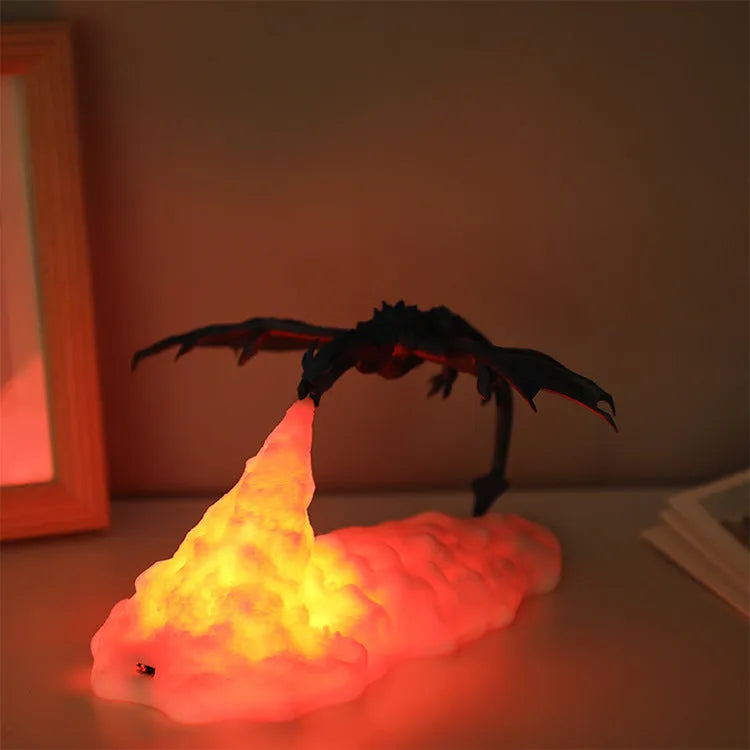 3D printed dragon-shaped night light with red breathing LED glow on a dark surface