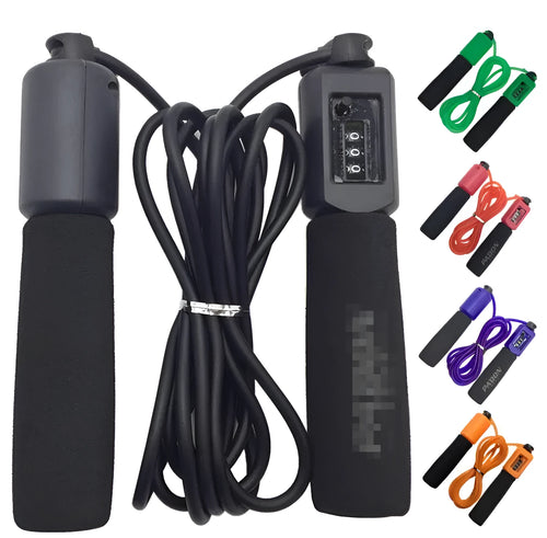 Adjustable skipping rope with blue foam handles and heavy-duty PVC cable on a grey background