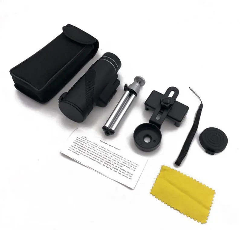 Black 40x60 monocular telescope with smartphone compatibility showing 40x magnification and waterproof construction