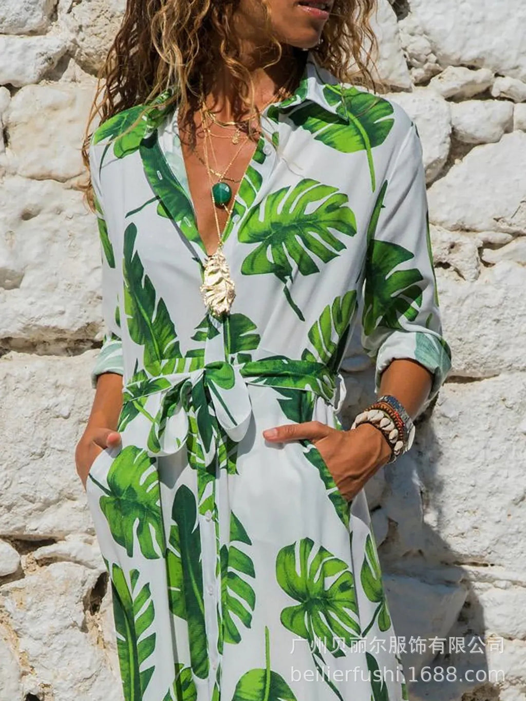 Printed chiffon dress with V-neck collar and conventional sleeves in A-line silhouette