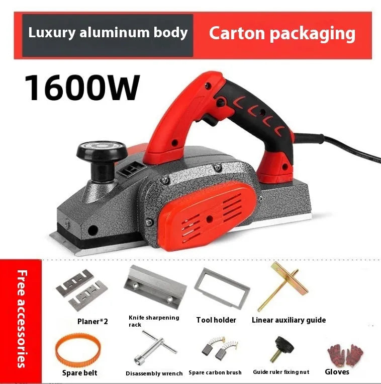 Red desktop electric wood planer with aluminium body showing 82mm planing width