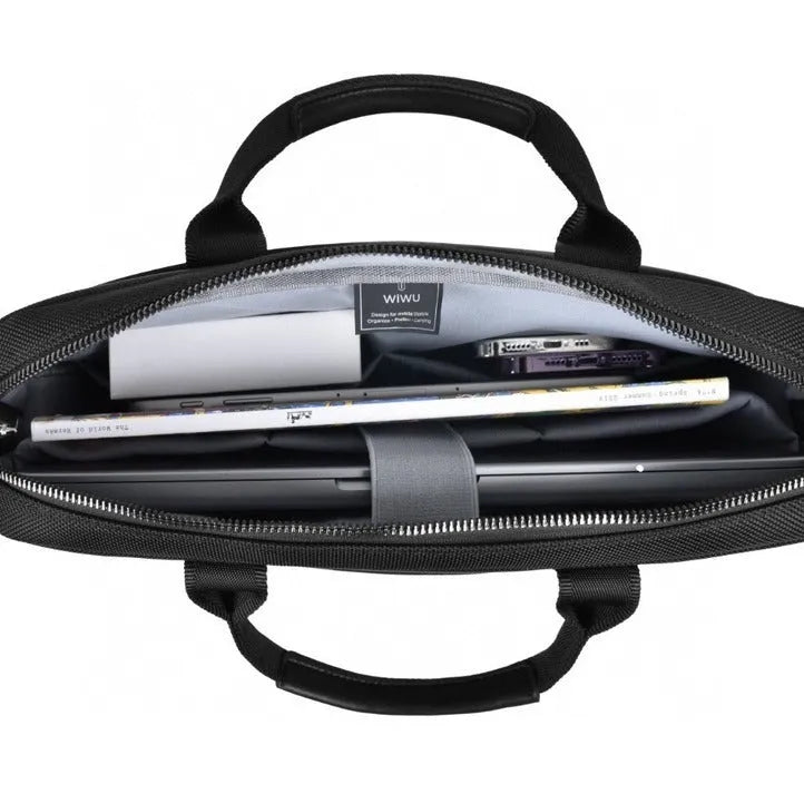 Black Oxford cloth laptop backpack showing multi-pocket interior and a lock on the front.