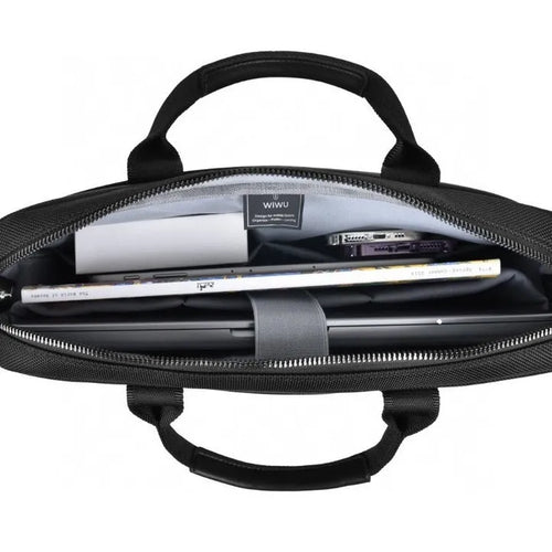 Black Oxford cloth laptop backpack showing multi-pocket interior and a lock on the front.