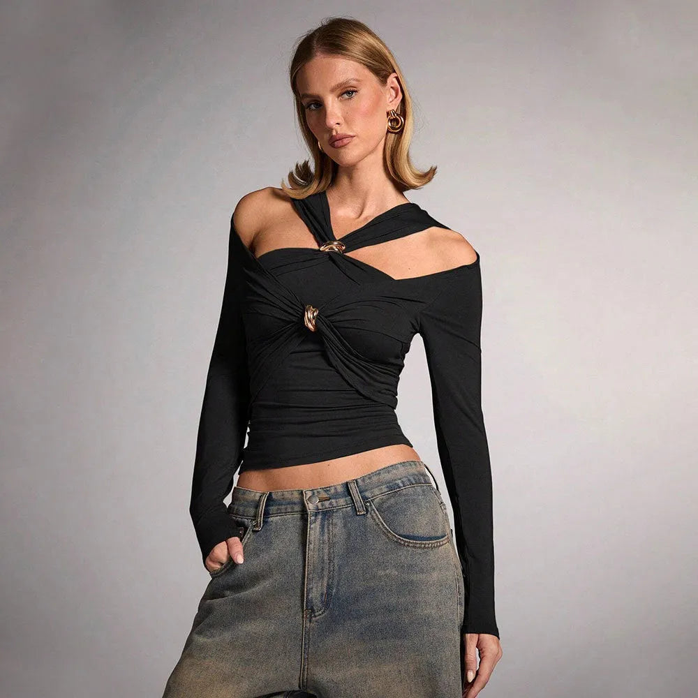 Black women's halter neck top with shoulder-baring design and slim fit silhouette