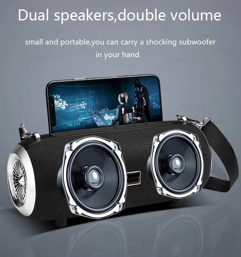 F666 square portable Bluetooth speaker with shoulder strap, showing retractable FM antenna and control buttons.